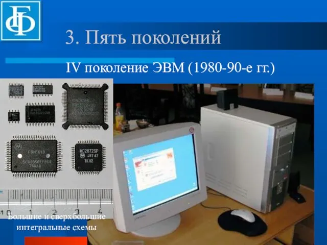 IV поколение ЭВМ (1980-90-е гг.) 3. Пять поколений Большие и сверхбольшие интегральные схемы