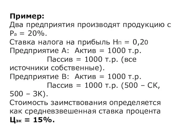 Пример: Два предприятия производят продукцию с Ра = 20%. Ставка налога