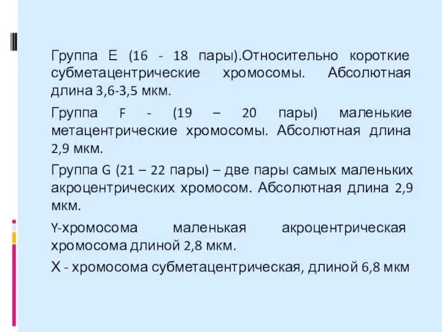 Группа Е (16 - 18 пары).Относительно короткие субметацентрические хромосомы. Абсолютная длина