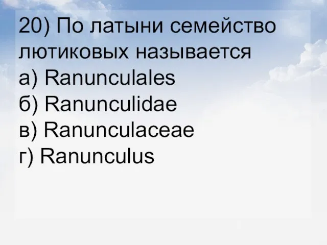 20) По латыни семейство лютиковых называется а) Ranunculales б) Ranunculidae в) Ranunculaceae г) Ranunculus