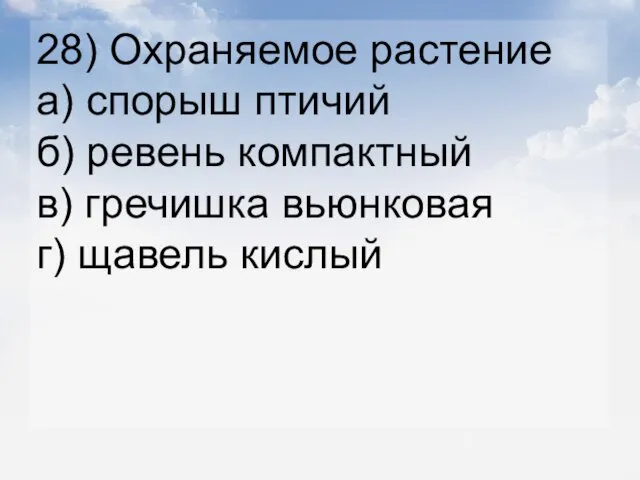 28) Охраняемое растение а) спорыш птичий б) ревень компактный в) гречишка вьюнковая г) щавель кислый