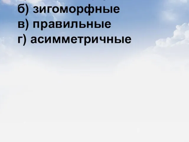 8) Цветки дельфиниума и аконитума а) актиноморфные б) зигоморфные в) правильные г) асимметричные