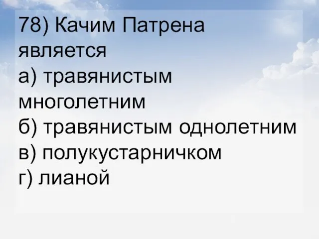 78) Качим Патрена является а) травянистым многолетним б) травянистым однолетним в) полукустарничком г) лианой