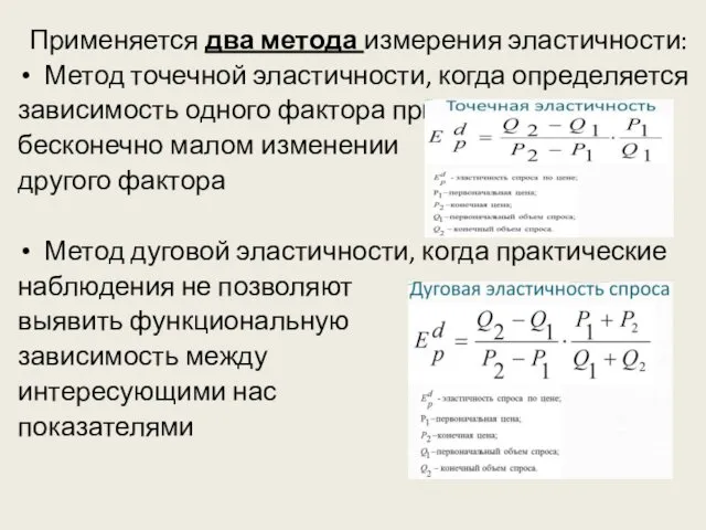 Применяется два метода измерения эластичности: Метод точечной эластичности, когда определяется зависимость