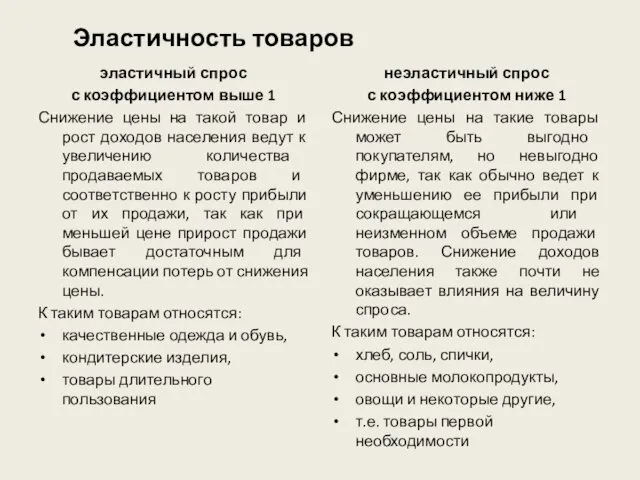 Эластичность товаров эластичный спрос с коэффициентом выше 1 Снижение цены на