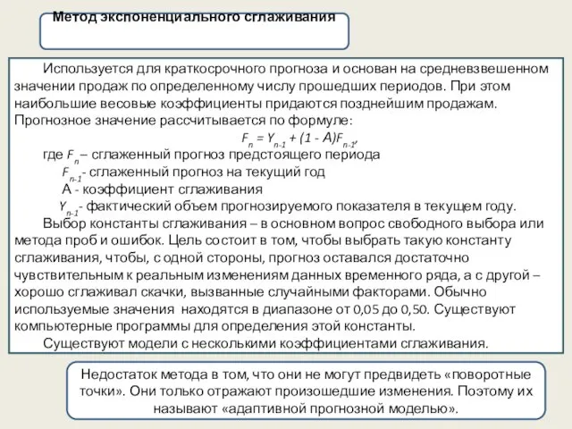 Метод экспоненциального сглаживания Используется для краткосрочного прогноза и основан на средневзвешенном