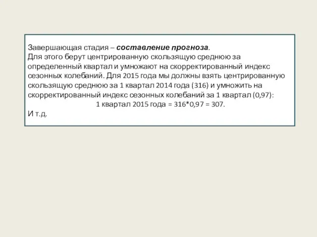 Завершающая стадия – составление прогноза. Для этого берут центрированную скользящую среднюю