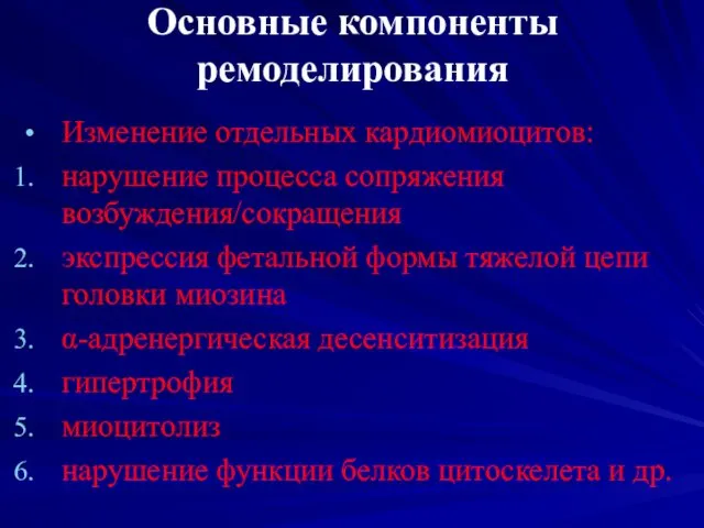 Основные компоненты ремоделирования Изменение отдельных кардиомиоцитов: нарушение процесса сопряжения возбуждения/сокращения экспрессия