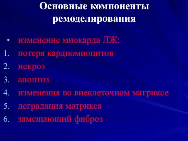 Основные компоненты ремоделирования изменение миокарда ЛЖ: потеря кардиомиоцитов некроз апоптоз изменения