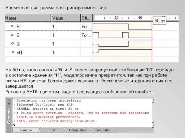 Временная диаграмма для триггера имеет вид: На 50 ns, когда сигналы