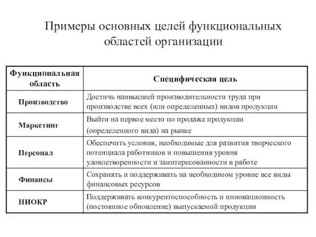 Примеры основных целей функциональных областей организации