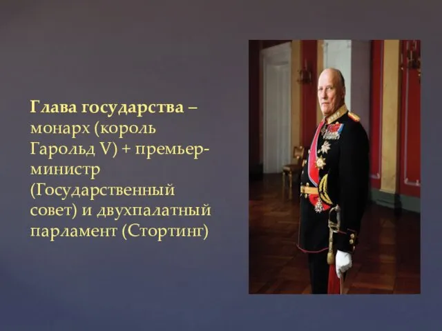 Глава государства – монарх (король Гарольд V) + премьер-министр (Государственный совет) и двухпалатный парламент (Стортинг)