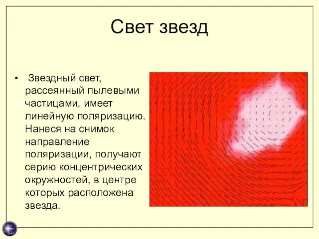 Свет звезд Звездный свет, рассеянный пылевыми частицами, имеет линейную поляризацию. Нанеся