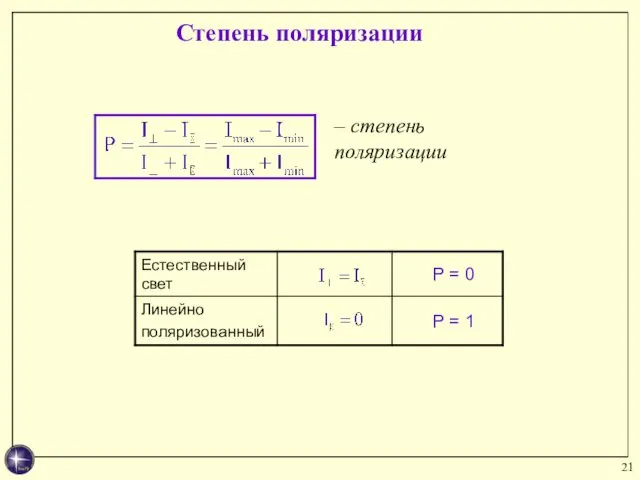 – степень поляризации Степень поляризации