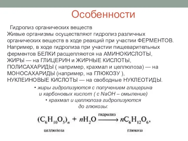 Особенности Гидролиз органических веществ Живые организмы осуществляют гидролиз различных органических веществ