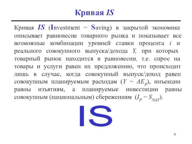 Кривая IS Кривая IS (Investment = Saving) в закрытой экономике описывает