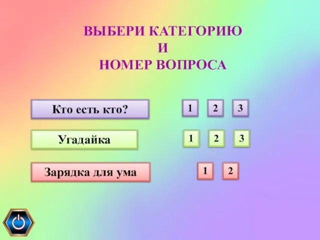 ВЫБЕРИ КАТЕГОРИЮ И НОМЕР ВОПРОСА Зарядка для ума Кто есть кто?