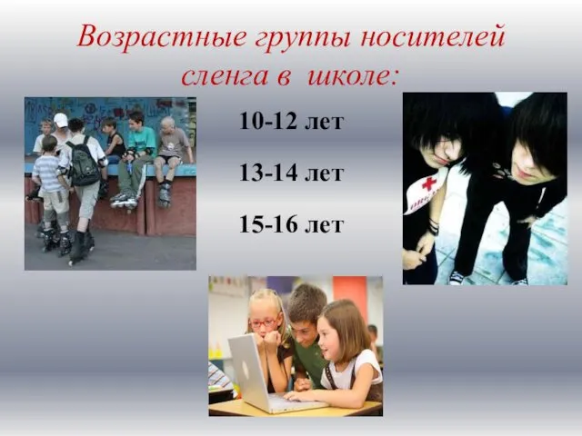 Возрастные группы носителей сленга в школе: 10-12 лет 13-14 лет 15-16 лет