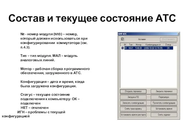 Состав и текущее состояние АТС № - номер модуля (MID) –