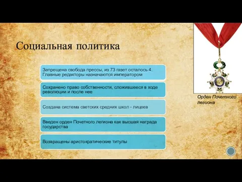 Социальная политика Запрещена свобода прессы, из 73 газет осталось 4. Главные