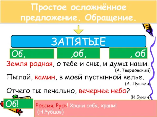 Простое осложнённое предложение. Обращение. ЗАПЯТЫЕ Об, ,об, , об Земля родная,