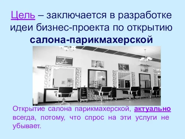 Цель – заключается в разработке идеи бизнес-проекта по открытию салона-парикмахерской «Пчёлка»