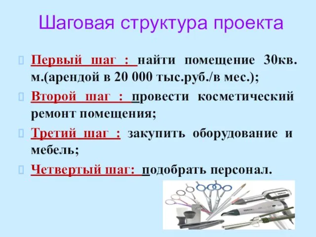 Шаговая структура проекта Первый шаг : найти помещение 30кв.м.(арендой в 20