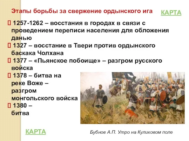 Этапы борьбы за свержение ордынского ига 1257-1262 – восстания в городах