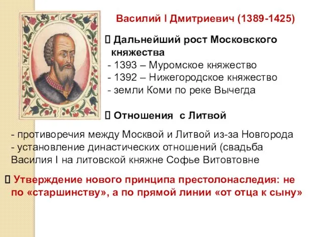 Василий I Дмитриевич (1389-1425) Дальнейший рост Московского княжества 1393 – Муромское