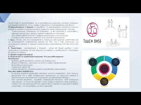 Touch base. Я присутствовал на 2 качественных диалогах, который проводил менеджер