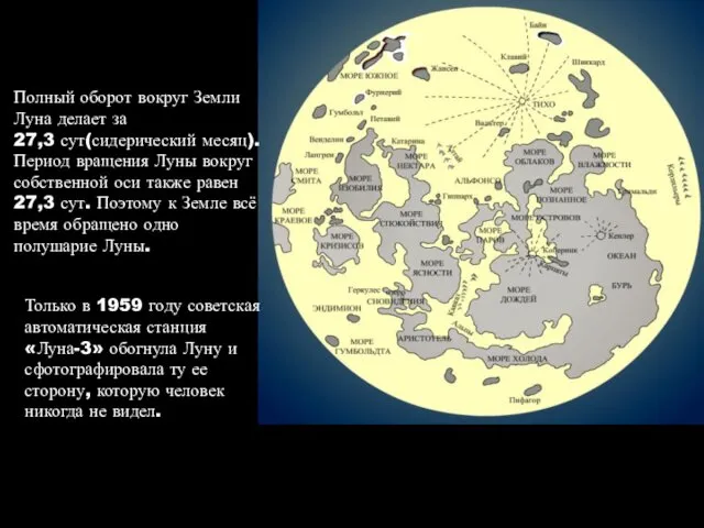 Полный оборот вокруг Земли Луна делает за 27,3 сут(сидерический месяц). Период