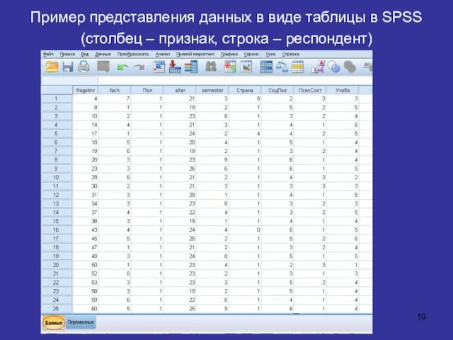 Пример представления данных в виде таблицы в SPSS (столбец – признак, строка – респондент)