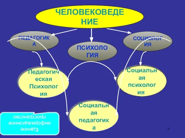 Единое информационное пространство ЧЕЛОВЕКОВЕДЕНИЕ ПЕДАГОГИКА ПСИХОЛОГИЯ СОЦИОЛОГИЯ Педагогическая Психология Социальная психология Социальная педагогика