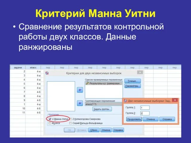 Критерий Манна Уитни Сравнение результатов контрольной работы двух классов. Данные ранжированы