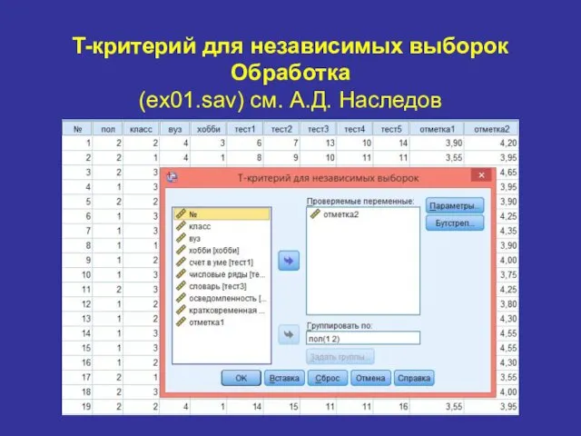 T-критерий для независимых выборок Обработка (ex01.sav) см. А.Д. Наследов