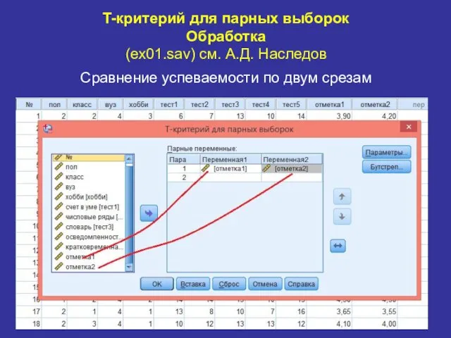 T-критерий для парных выборок Обработка (ex01.sav) см. А.Д. Наследов Сравнение успеваемости по двум срезам