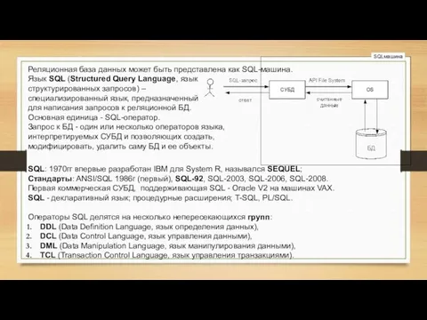 Реляционная база данных может быть представлена как SQL-машина. Язык SQL (Structured