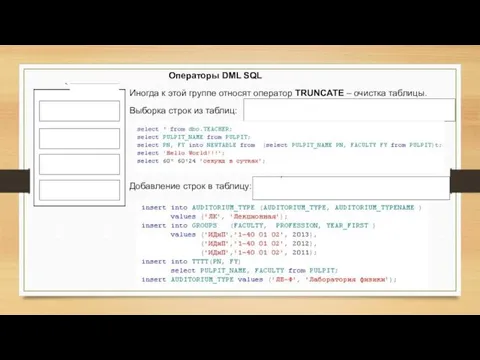 Операторы DML SQL Иногда к этой группе относят оператор TRUNCATE –