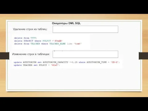 Операторы DML SQL Удаление строк из таблиц: Изменение строк в таблицах: