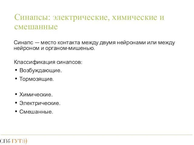 Синапсы: электрические, химические и смешанные Синапс — место контакта между двумя