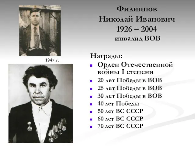 Филиппов Николай Иванович 1926 – 2004 инвалид ВОВ Награды: Орден Отечественной