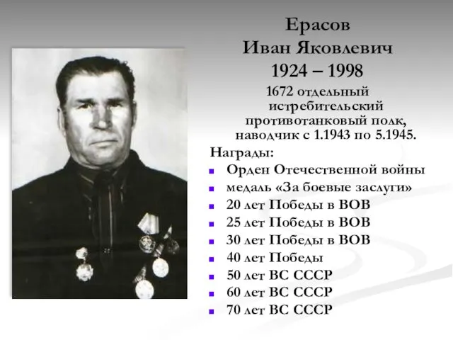 Ерасов Иван Яковлевич 1924 – 1998 1672 отдельный истребительский противотанковый полк,