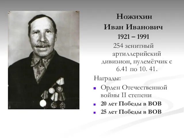 Ножихин Иван Иванович 1921 – 1991 254 зенитный артиллерийский дивизион, пулемётчик