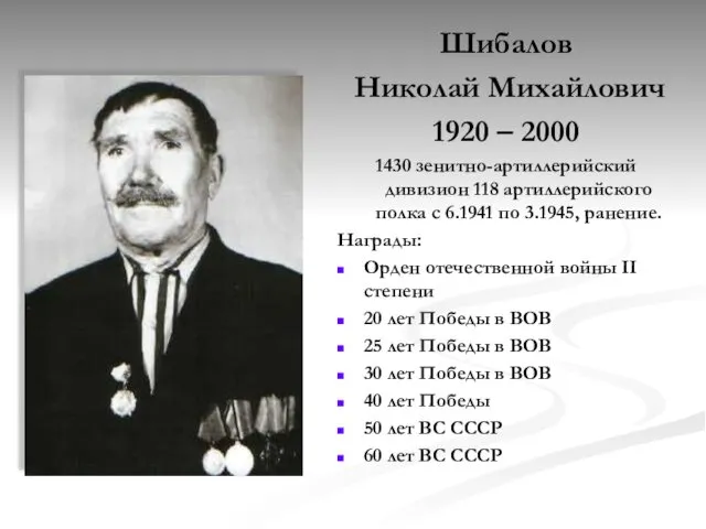 Шибалов Николай Михайлович 1920 – 2000 1430 зенитно-артиллерийский дивизион 118 артиллерийского