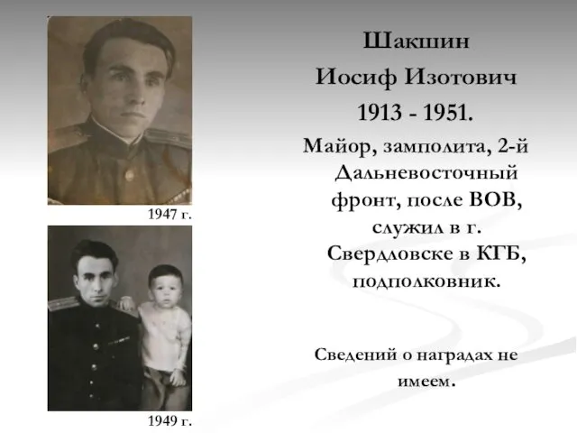 Шакшин Иосиф Изотович 1913 - 1951. Майор, замполита, 2-й Дальневосточный фронт,