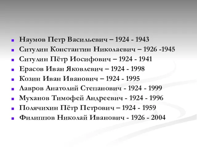 Наумов Петр Васильевич – 1924 - 1943 Ситулин Константин Николаевич –