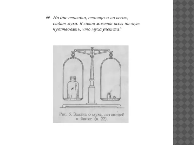 На дне стакана, стоящего на весах, сидит муха. В какой момент