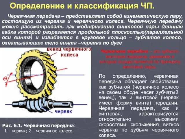 Определение и классификация ЧП. Червячная передача – представляет собой кинематическую пару,