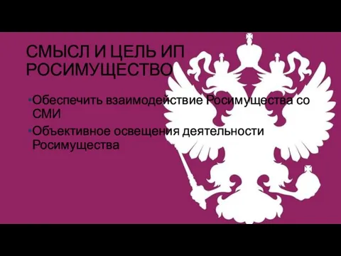 СМЫСЛ И ЦЕЛЬ ИП РОСИМУЩЕСТВО Обеспечить взаимодействие Росимущества со СМИ Объективное освещения деятельности Росимущества