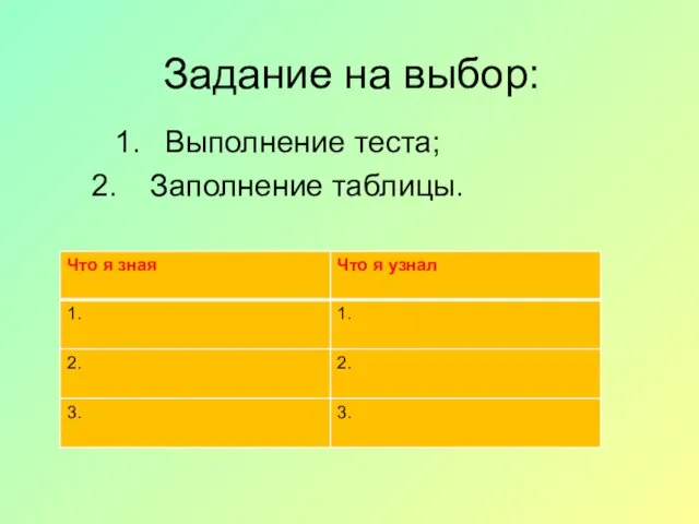 Задание на выбор: Выполнение теста; Заполнение таблицы.